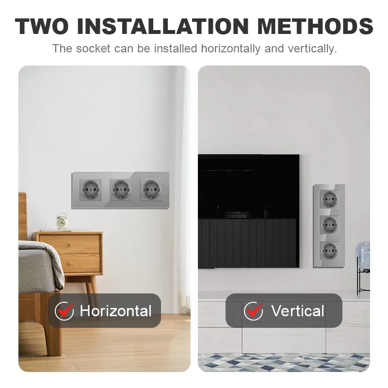 TODSDOT EU Standard DIY Wall-Mount Module Power Socket Vertical Grey Glass Panel Switch Button Function Free Combination