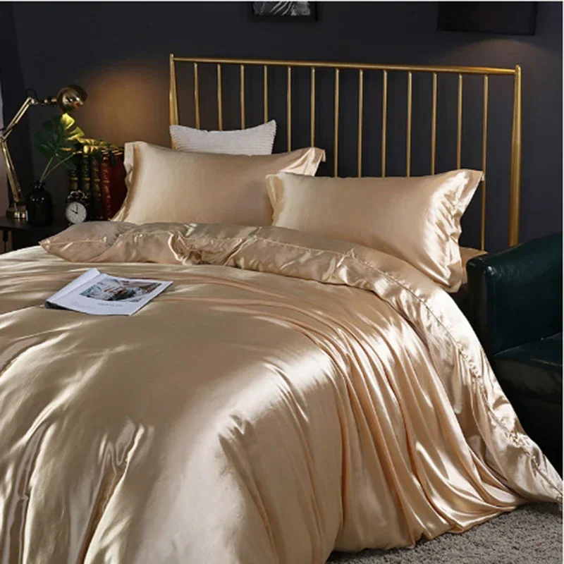 

Nordic Style Solid Color Silk Bedding Sets Premium Mulberry Silk Skin-Friendly Quilt Cover Set Coolness Bedclothes for Summer