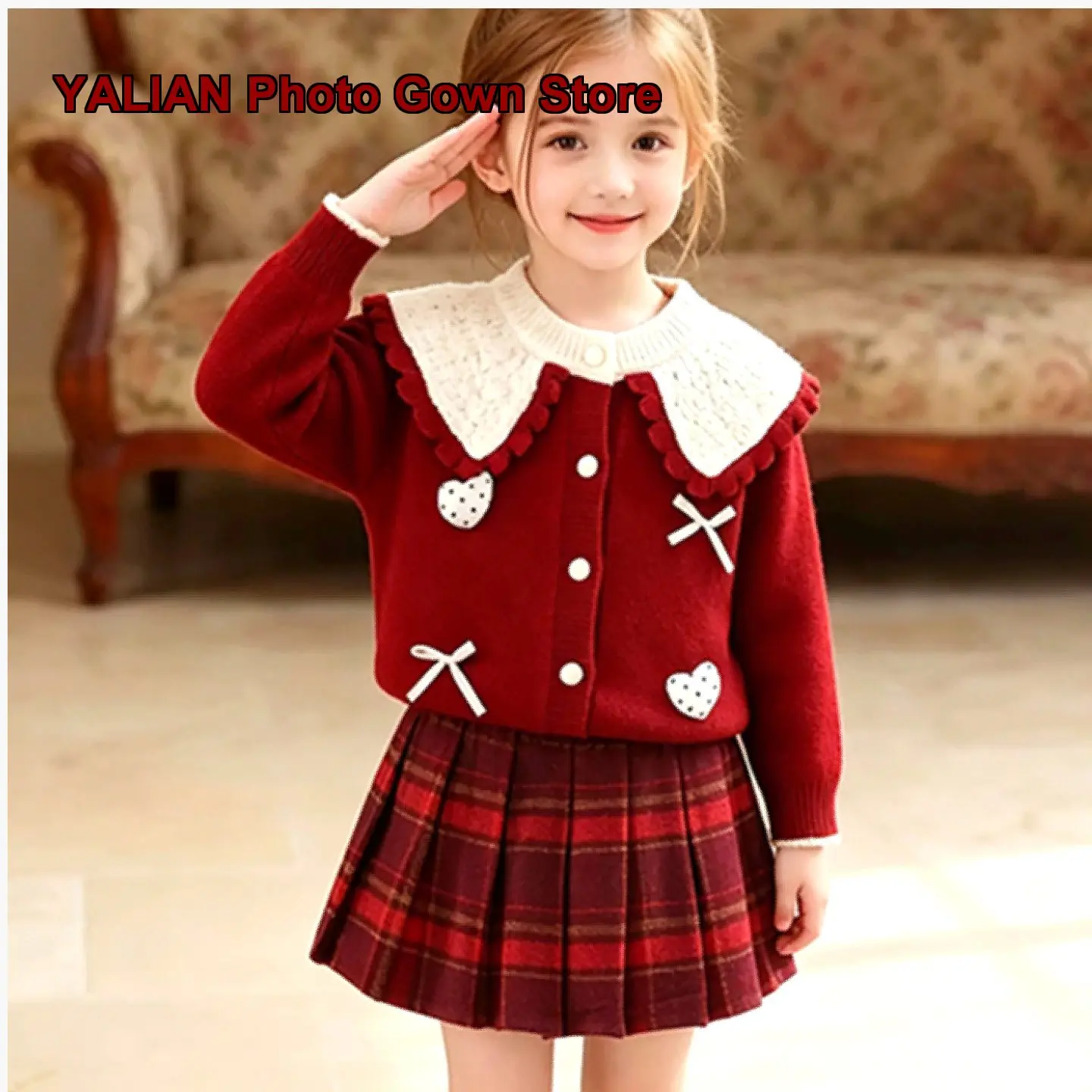 Girls Two-Piece Set Super Chic Beautiful Kids Knit Top Pleated Skirt