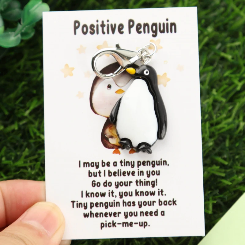 1/8Set “Positive Penguin”Inspirational greeting card Cute resin penguin keychain Pendant Set Greeting card with positive encoura
