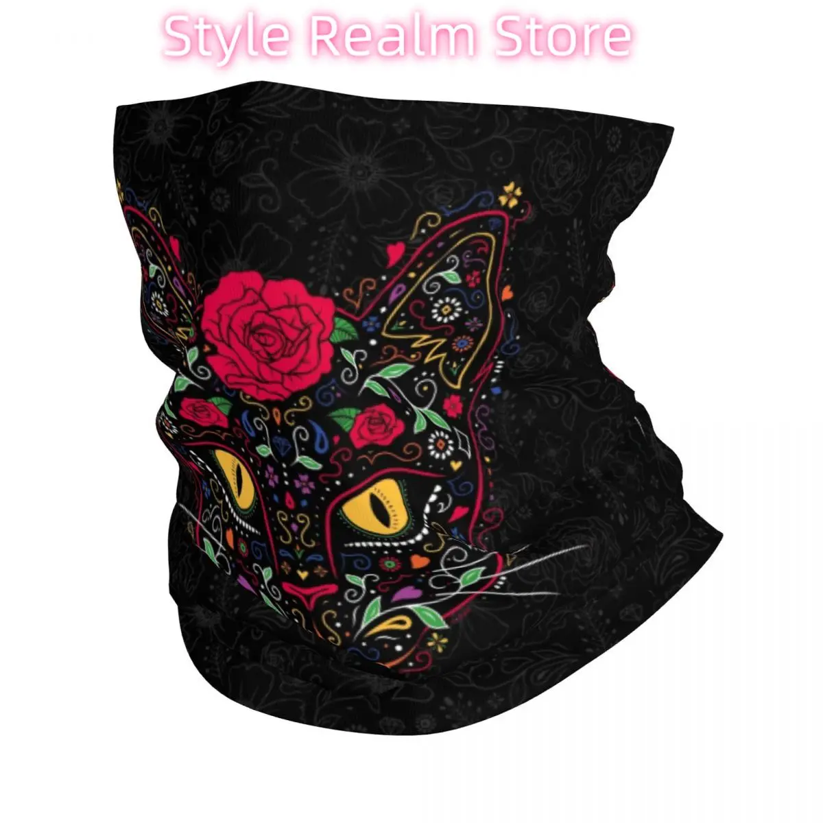 

Custom Day Of The Dead Kitten Cat Sugar Skull Neck Gaiter Men Windproof Winter Mexican Halloween Floral Bandana Scarf for Ski
