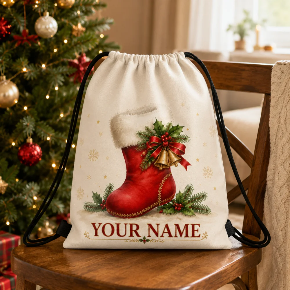 Custom Name Christmas Stocking Drawstring Backpack, Polyester X‑mas Sack Bag, Holiday Gift Storage Drawstring Shoulder Bag