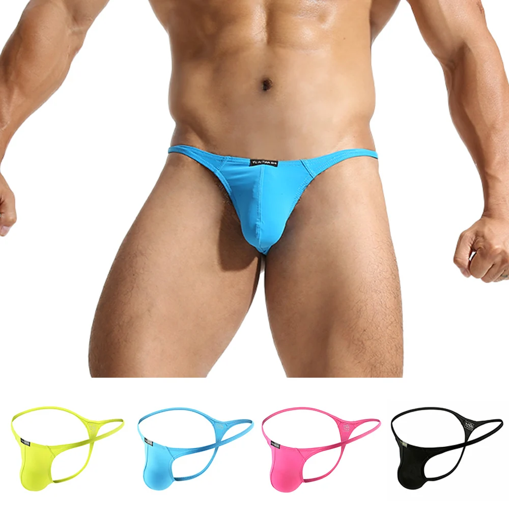 Men Sexy T-back Solid Thongs Panties Breathable Bulge Pouches G-String Briefs Underwear Stretch Low Waist Bikini Knickers