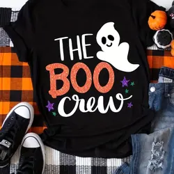 Spooky Ghost Print CrewNeck T-Shirt -Short Sleeve Casual Comfortable Relaxed Fit Summer Top - Halloween Costume Women's Clothing