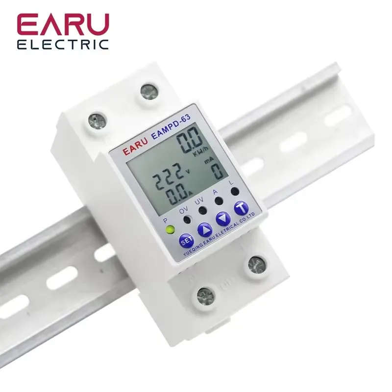 63A 230V Display Adjustable Current Earth Leakage Protection Over Under Voltage Protector Relay Device Energy Power kWh Meter