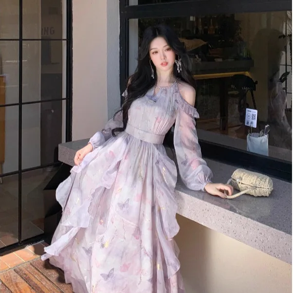 

Temperament Off-Shoulder Butterfly Print Long Sleeve Dress Women's Irregular Lotus Leaf Edge Long Skirt