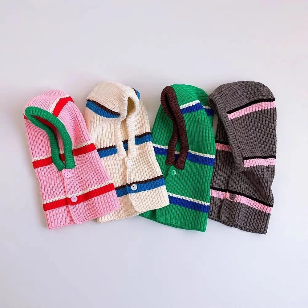 Korean Style Stripe Children Balaclava Keep Warm Windproof One Piece Scarf Cap Ear Protection Winter Cap for 3-6year Kid Unisex