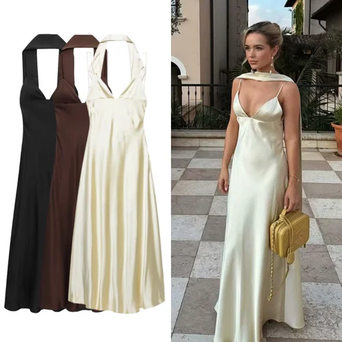 UNIZERA, elegante bufanda fina para mujer, vestido con tirantes con textura satinada, corte ajustado, novedad de verano, accesorio de moda