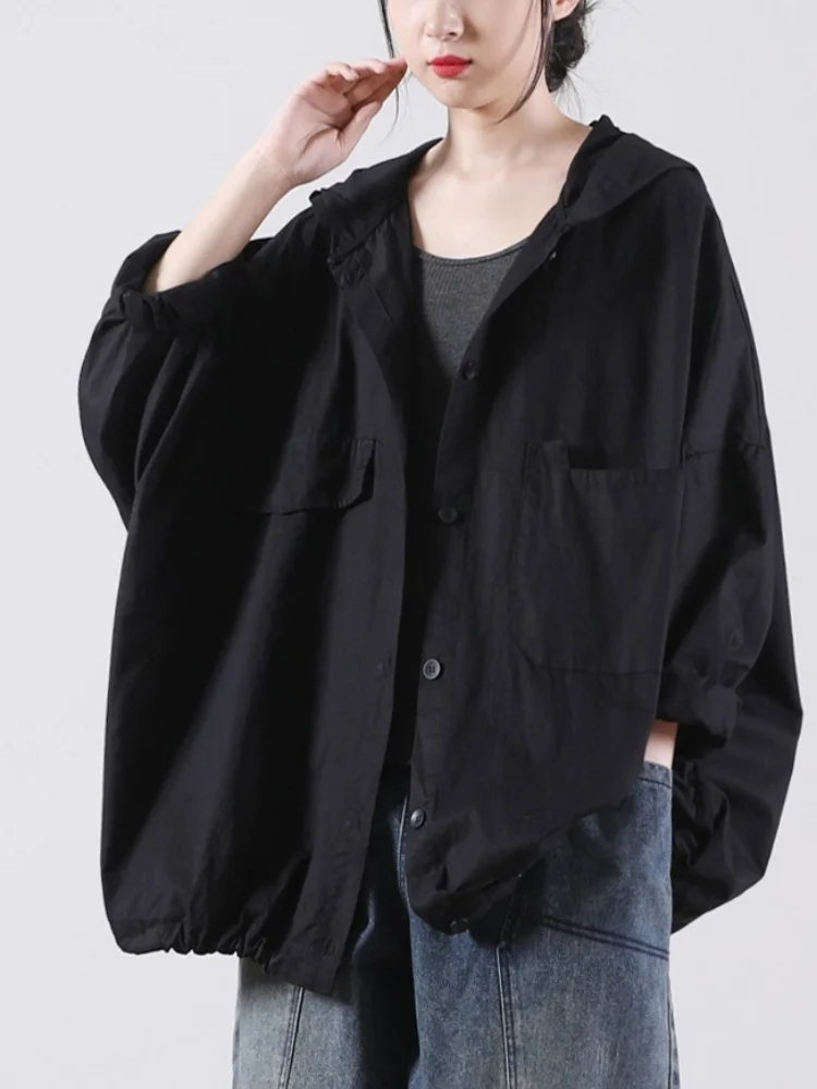 Literary Hooded Single Breasted Cardigan Women's Spring Autumn Long Sleeve Korean Style Loose Plus Size Youthful T Shirt Jacket