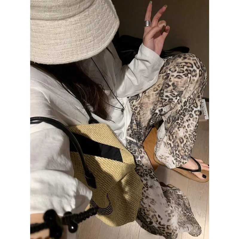 Lazy and Relaxing Smudged Leopard Print Wide Leg Pants for Women 2025 New Loose Elastic Waist Casual Pants