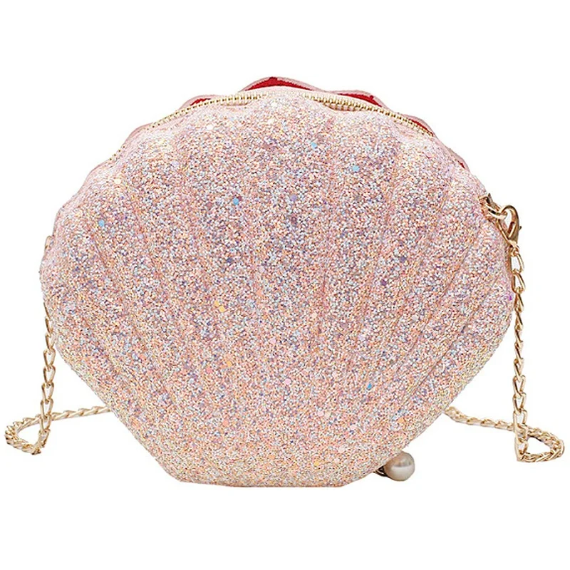 

Women Girls Little Mermaid Seashell Purse Cross-Body Shoulder Bags Glitter Sequins Chain Evening Purse, Pink