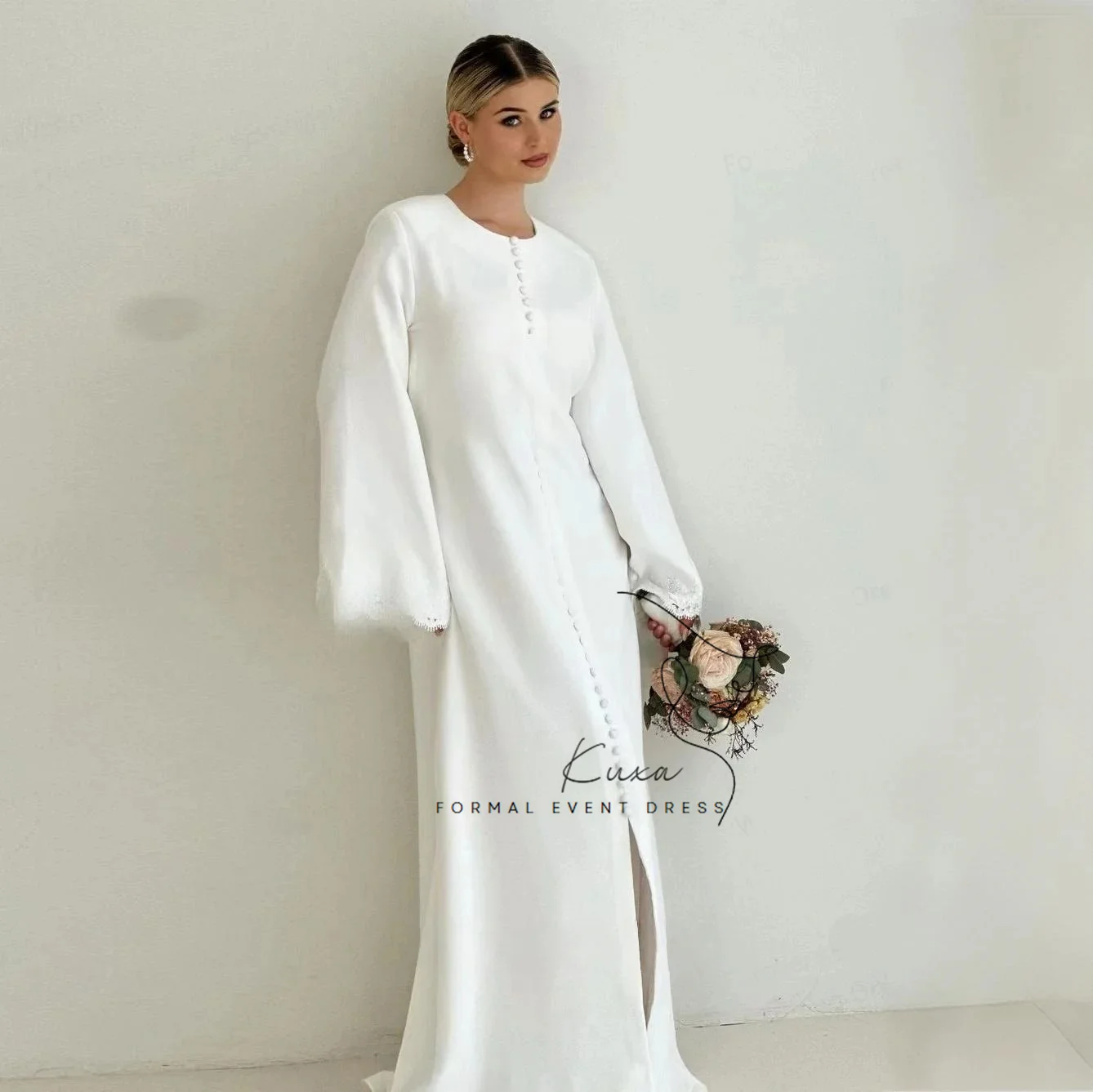 KUXA Elegant O-Neck Muslim Wedding Dresses Button Floor-Length Long Sleeves Arabic Kuwait Formal Bridal Gowns Customized 2026