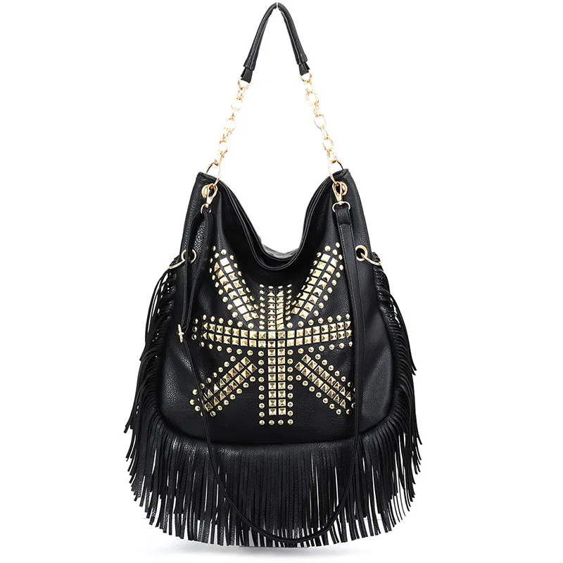 

Punk Style Metal Rivet Shoulder Crossbody Bag Women's Tassel Chain Purse Soft Handle British Style Medium Size PU Leather
