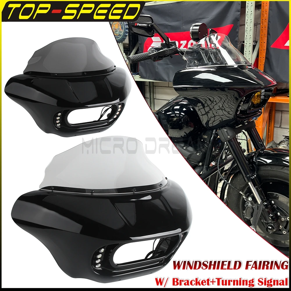 

For Harley Softail Fat Bob FXFBS 2018-2025 FXFB 2018-2019 Motorcycle Windshield Fairing Cowl W/DRL Running Turn Signal LED Light