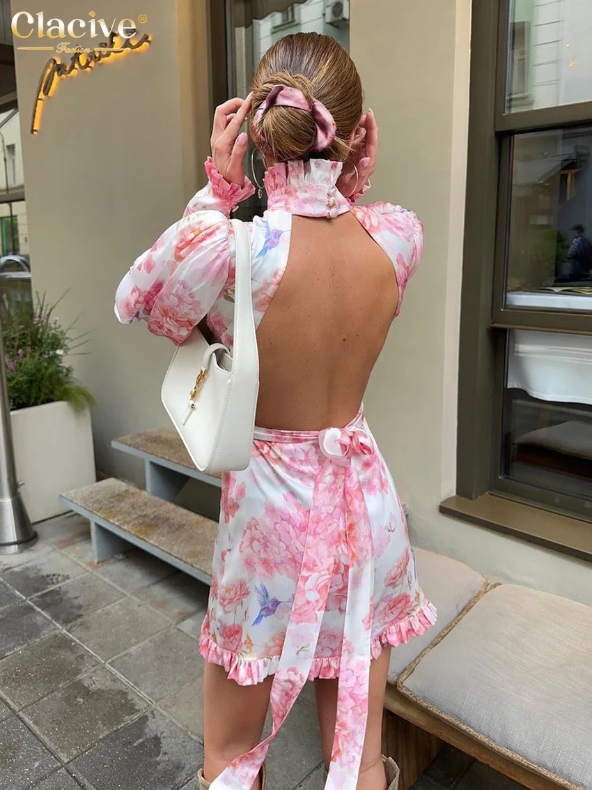 Clacive Fashion Loose Print Women\'s Dress 2024 Sexy Stand Collar Long Sleeve Mini Dresses Elegant Lace-Up Backless Female Dress