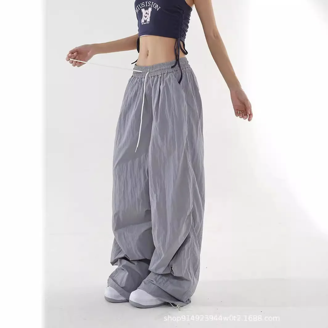 Spicy Girl Wide Leg Work Pants Women Summer Thin Quick Drying Solid High Waist Drawstring Pockets Loose Straight Casual Trousers