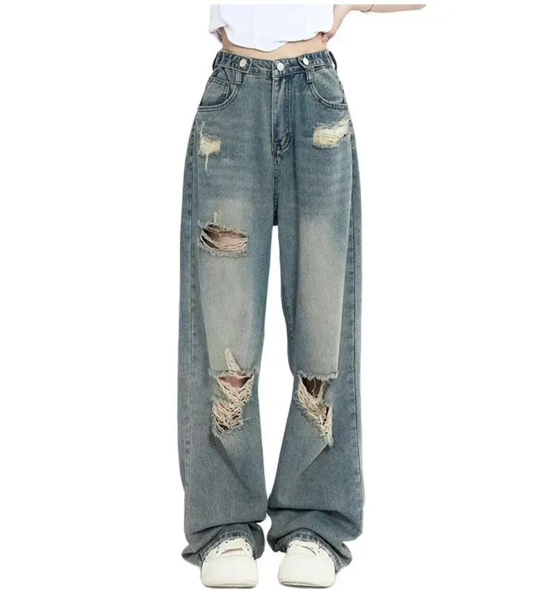 Women's Blue Ripped Jeans Y2k 90s Vintage High Waist Wide Leg Denim Trousers Harajuku Baggy Jean Pants 2000s Trashy Clothes 2023