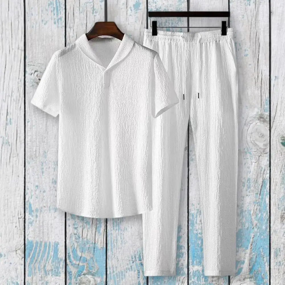 Simple Shirt Trousers Set Quick Drying Casual Outfit Turn-down Collar Short Sleeve Shirt Drawstring Long Pants Set Pockets