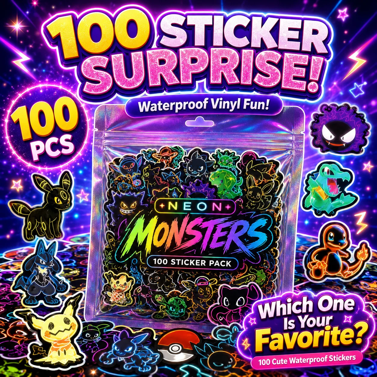 100pcs Neon Pokemon Stickers Waterproof DIY Decals for Laptop Phone Luggage Skateboard Scrapbook Water Bottle Decor