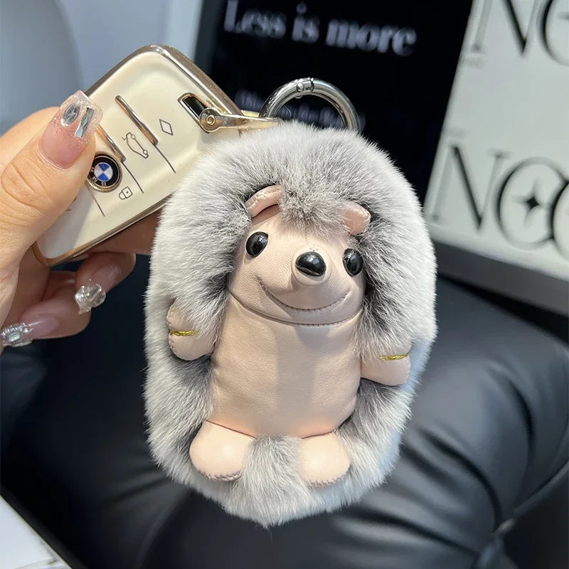 Cute Hedgehog Real Rex Rabbit Fur Key Chains Plush Toy Pendant Kids School Bag Hanging Ornaments Women Car Keyring Trinkets Gift