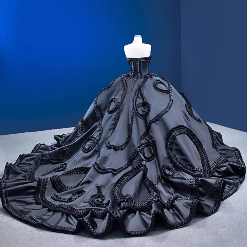 

Saudi Arabic Luxury Gothic Black Quinceanera Dress Strapless Bow Big Ball Skirt Sweet 15 16 Girl Party Prom Gown Pageant Dress