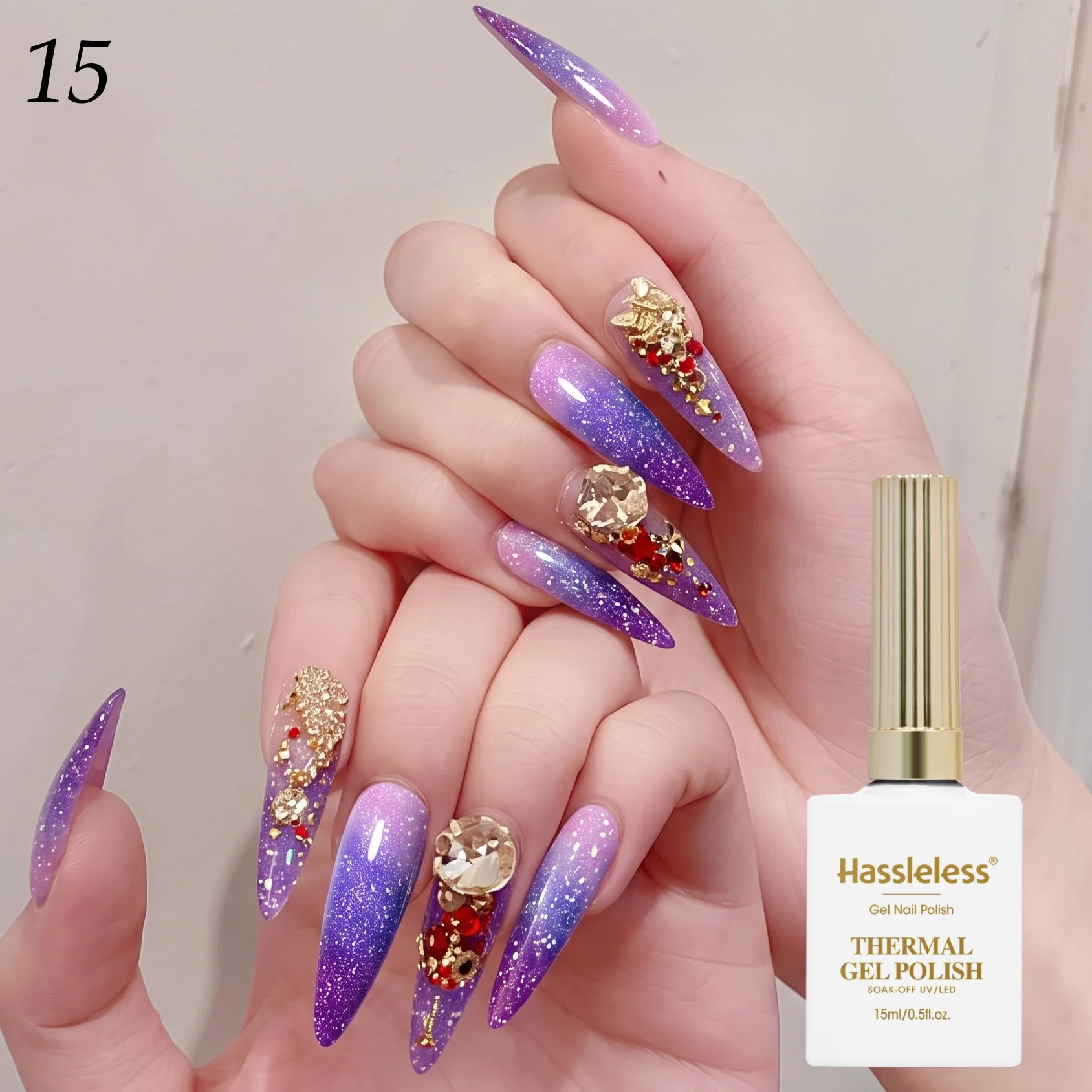 Hassleless Laser Purple Shimmer Temperature-Changing Nail Polish Gel, Single Tube, Moderate Gel Consistency, Smooth Application