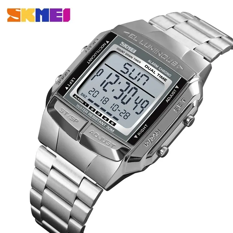 SKMEI Fashion Back Light Digital Sports Watch Men Stainless Steel Strap Alarm Clock Countdown Glass Mirror Wristwatch Clock