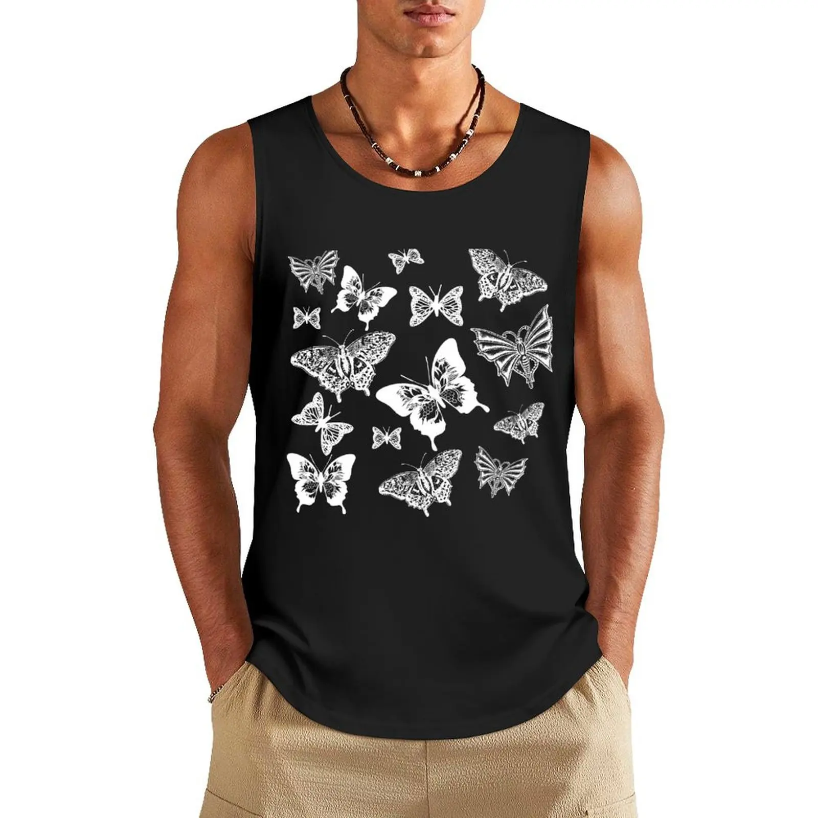 White Butterflies on Smoky Blue Grey Background Tank Top Short sleeve gym shirt man