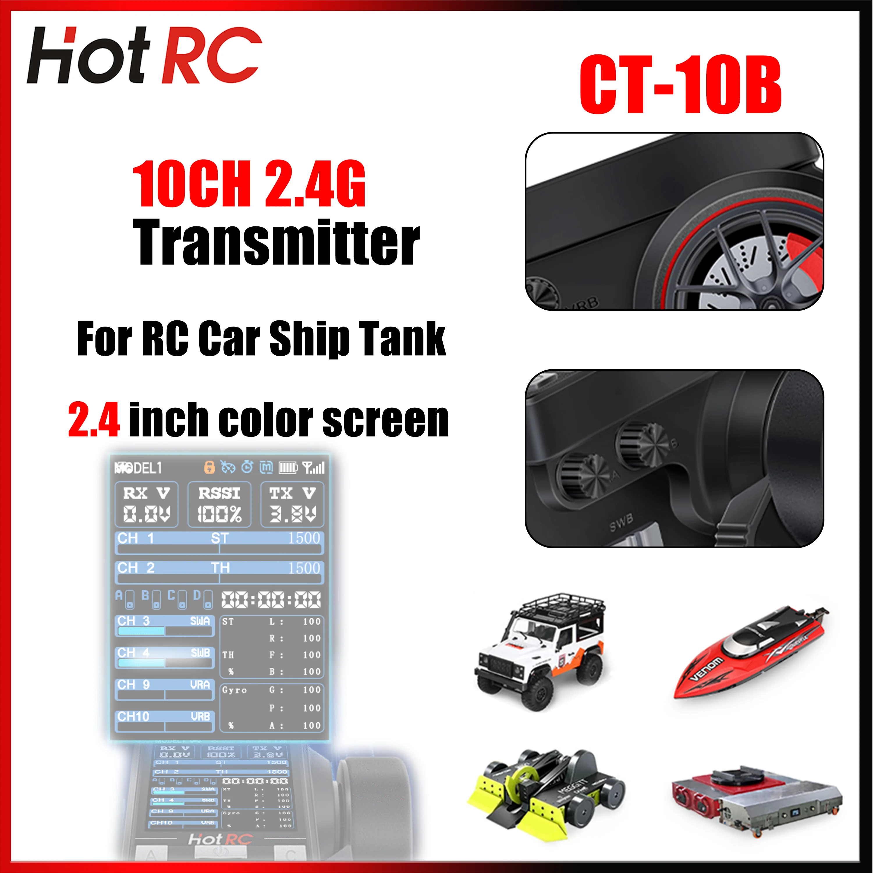 

HotRC 10CH 2.4G CT-10B Color Screen Metal Handwheel Transmitter Remote Control F-10A Receiver Radio System for RC Car Boat Part