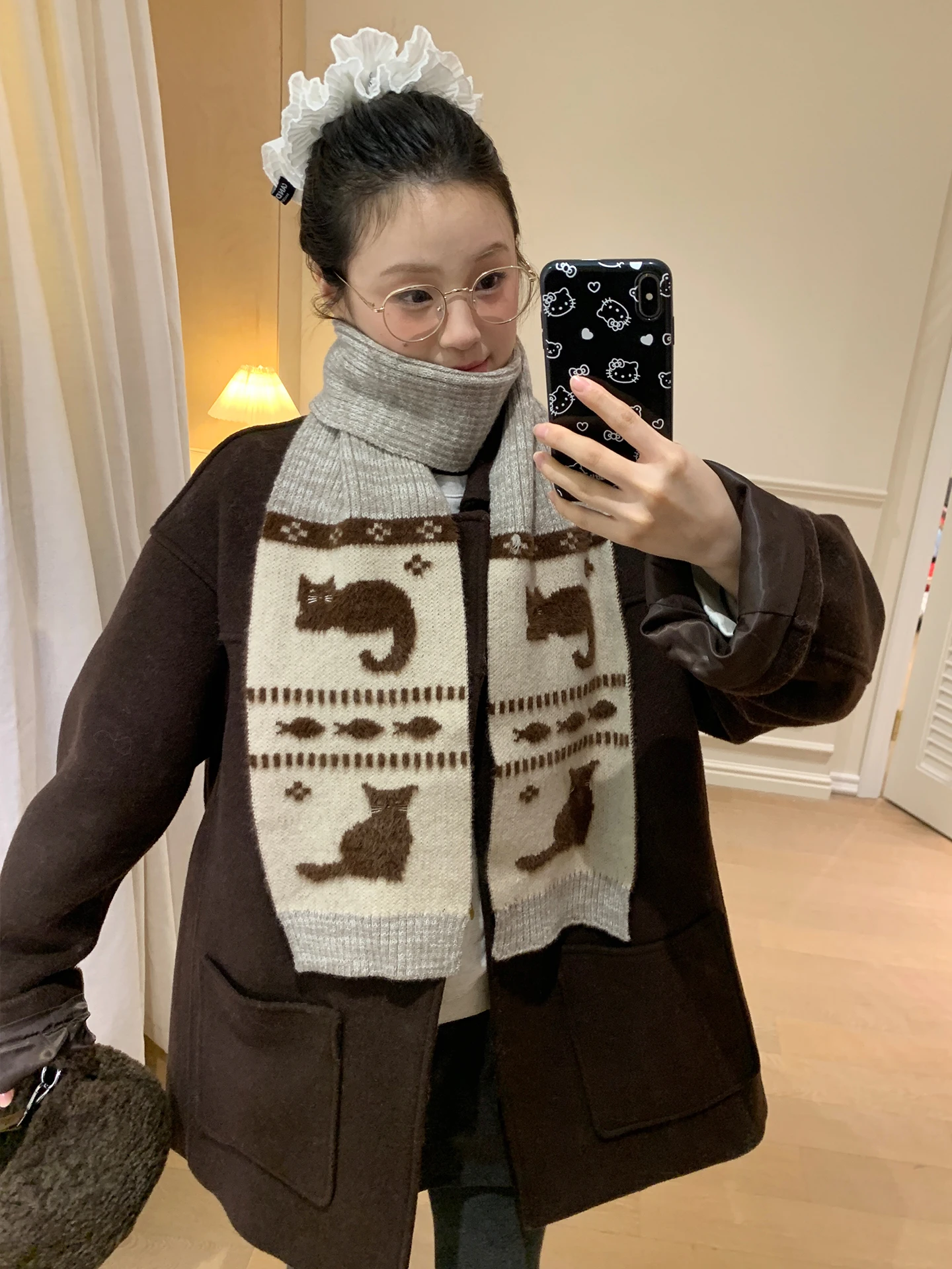 Bufanda de hilo Jacquard bonita de estilo japonés para mujer, bufanda de ambiente versátil cálida para otoño e invierno