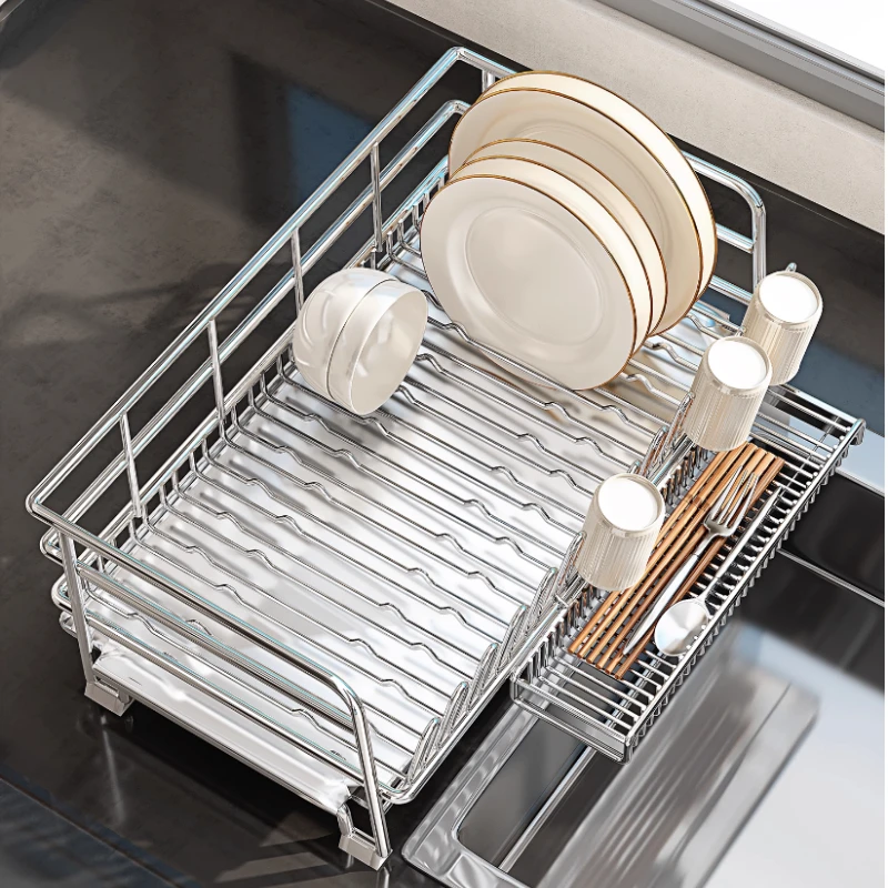 

304 Stainless Steel Dish Drainer for Kitchen Sink Multi-Functional Plate Bowl Holder Partition Cutlery Rack Countertop Organizer