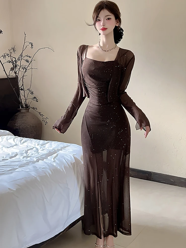 2025 rouge brillant maille Sexy fronde longue robe + t-shirts deux pièces ensembles femmes été coréen Vintage luxe moulante deux pièces costumes