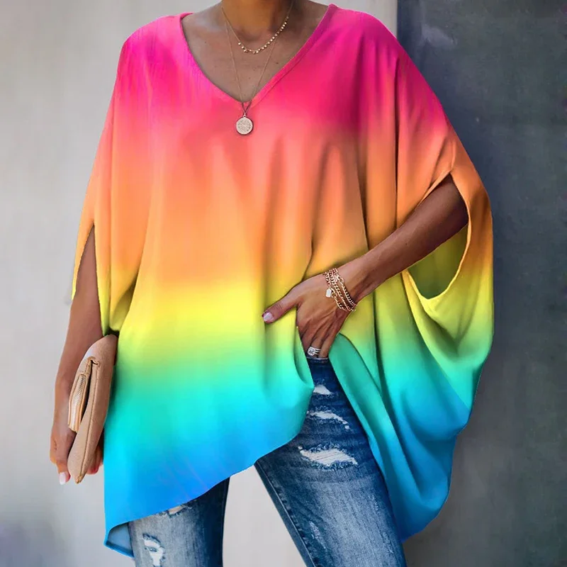 New Casual V Neck Tie Dye Print Bat Sleeve Tops T-shirts Autumn Loose Solid Half Sleeve Ladies T-shirts Elegant Hedging T-shirts