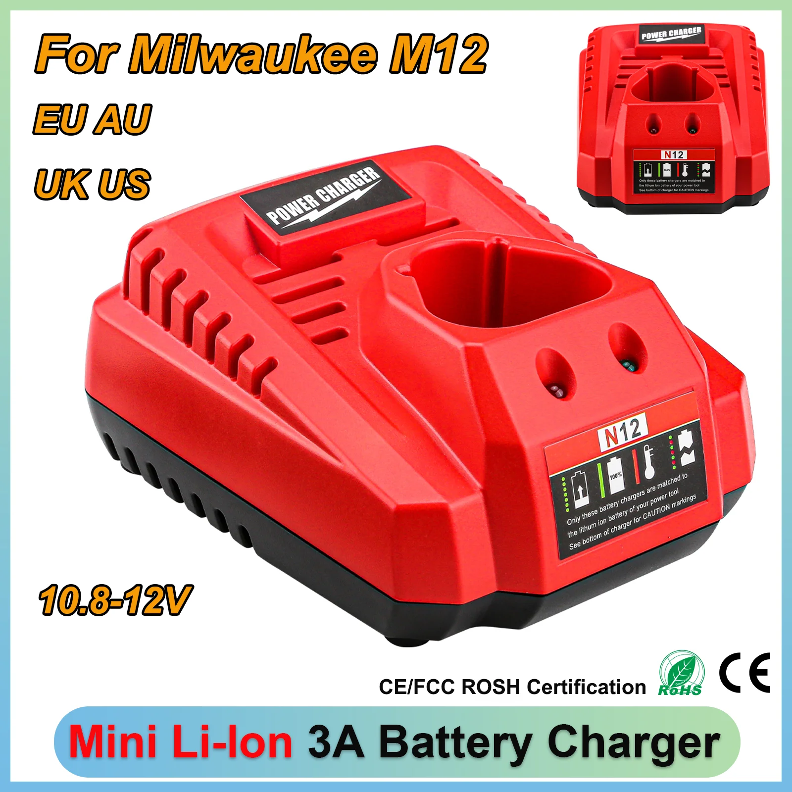 

For Milwaukee 12V Battery Charger M12 N12 Lithium-Ion Battery 3A Fast Charging Replacement 48-11-2401 48-11-2402 C12B C12BX