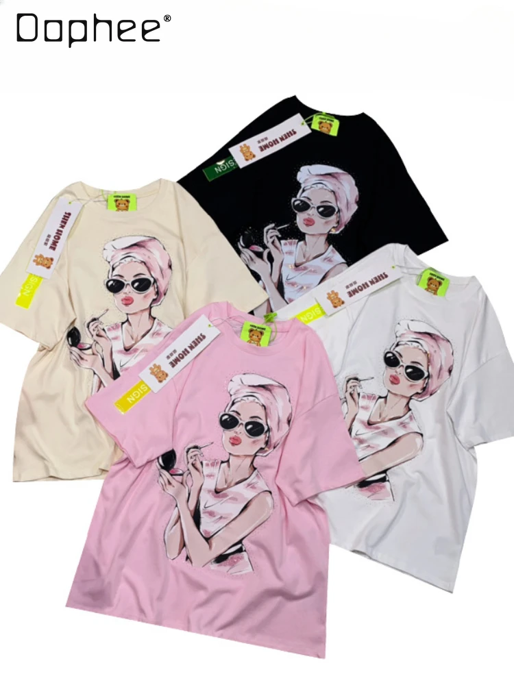 

Korean Style Fashionable Printed Hot Drilling Loose Short-Sleeved T-shirt 2024 Spring Summer New Loose Mid-Length Round Neck Top