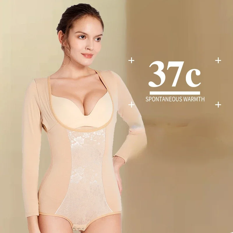 

Winter Thermal Bodysuits Shapewear Body Shaper With Cup Compression Bodies For Women Long sleeves Boysuit Slimming Underwear