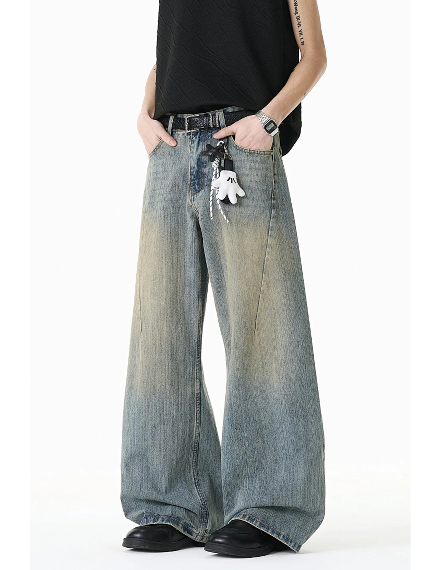 Retro Washed American High Street Bamboo Pattern Deconstructed Loose Wide Leg Men's Jeans Youthful Casual Straight Cut