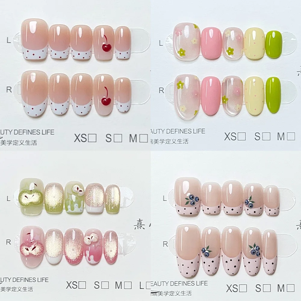 

Gentle Japanese Cool Cute Shining Cat Eye Apple Short Ellipse Fake Nail Hand-Drawn Cherry Star Flower Pearl Nail Stickers Summer