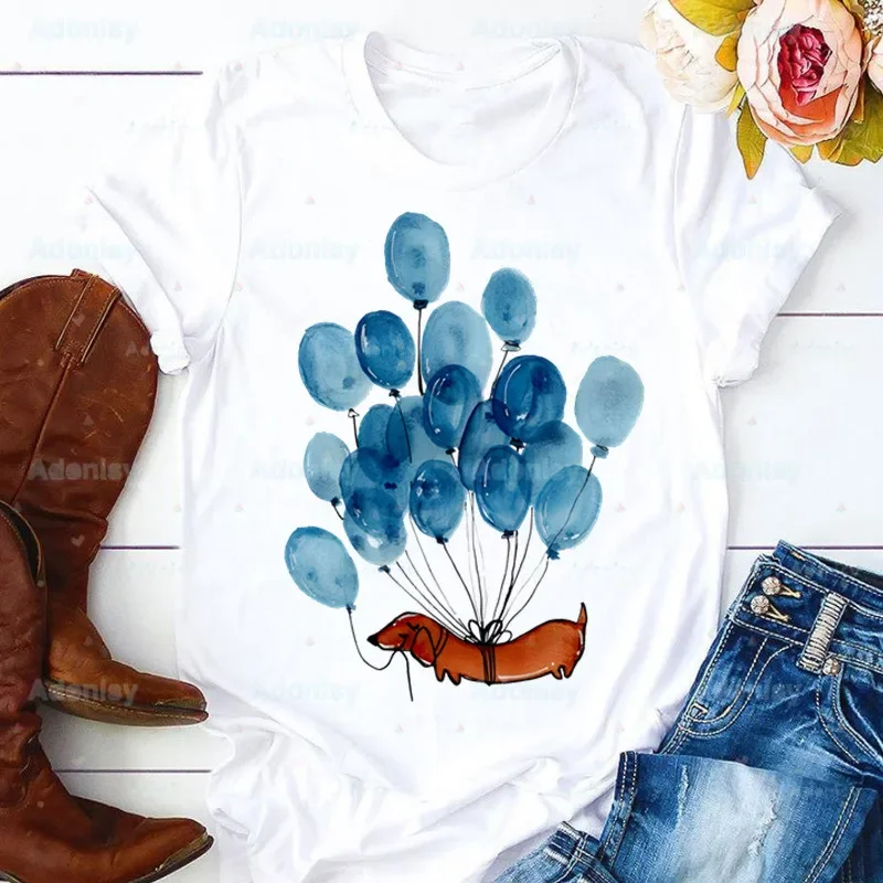 Camiseta feminina engraçada e fofa, Dachshund, Animal Print, T gráfico, Top para senhoras, fêmea