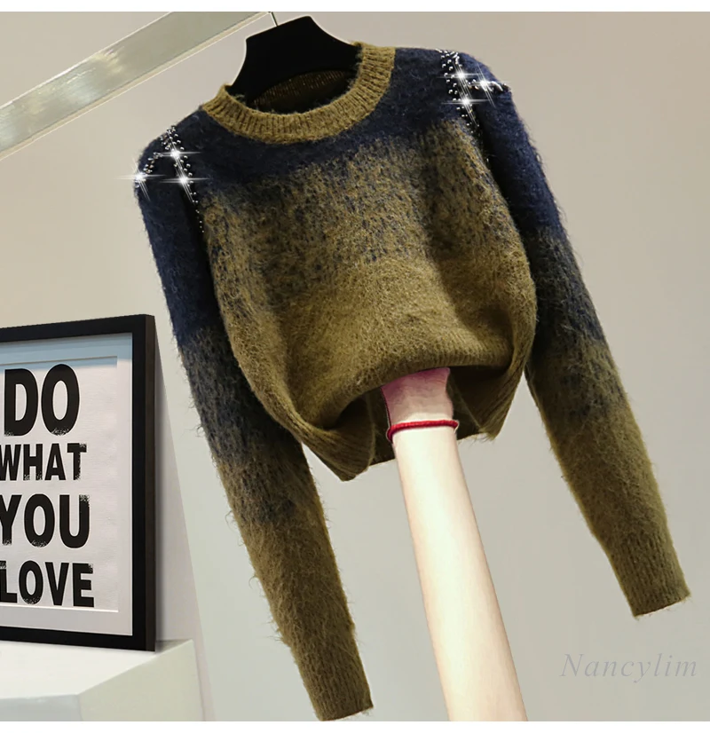 

Women's Color Matching Diamond Round Neck Sweater Korean Style Short Heavy Industry Bead Knitwear Autumn and Winter