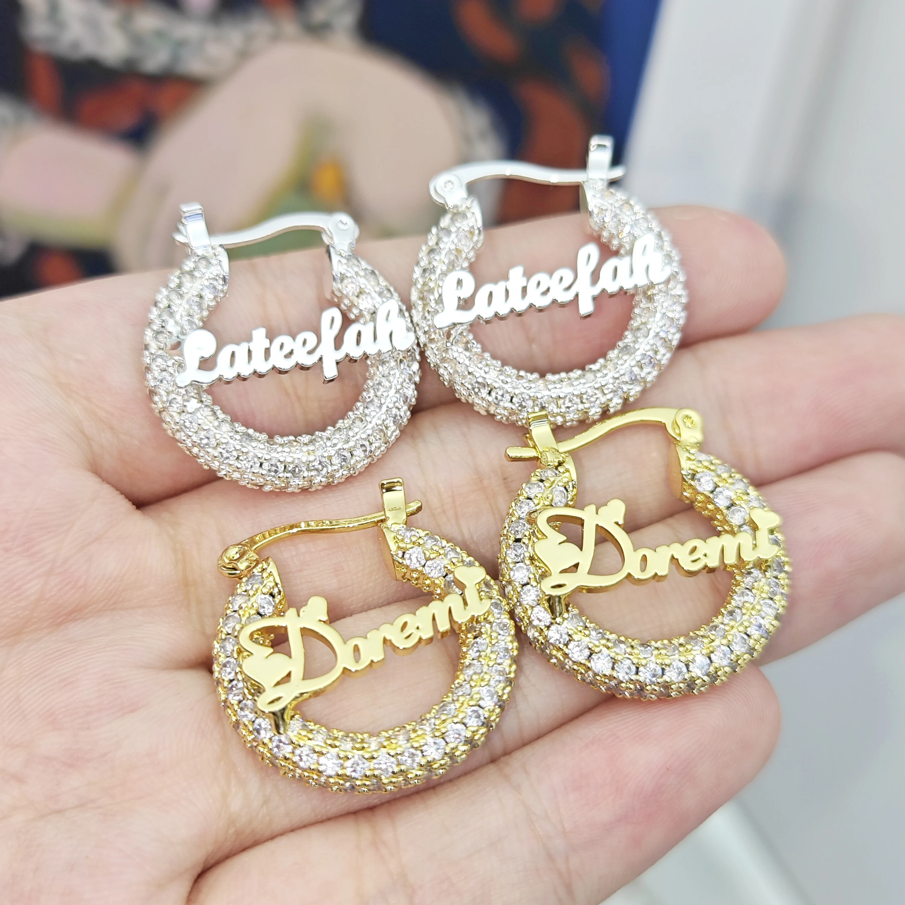 DOREMI 22mm Girls Zircon Earring Bling Custom Name Kids Hoop Personnalized Jewelry Gift Name Letters Heart Earring