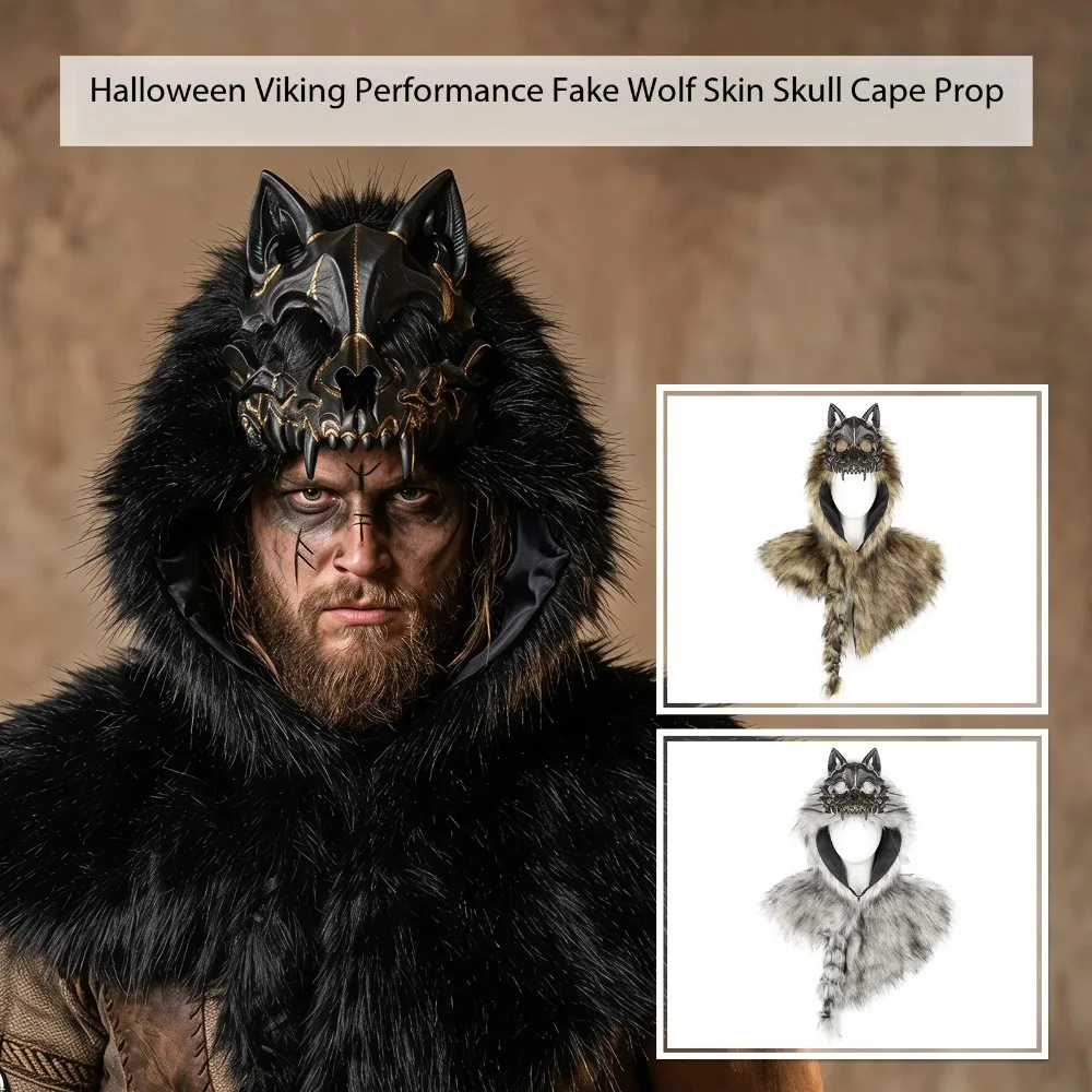 Handwork Faux Fur Medieval Viking Wolf Skull Mantle Hat Shoulder Cloak Headwear Headgear Cosplay HalloweenParty Performance Prop