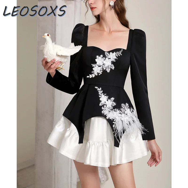 LEOSOXS French Elegant Dress Women Niche Temperament Feather Applique Contrasting Color Slim Waist Square Neck Long-sleeve Dress