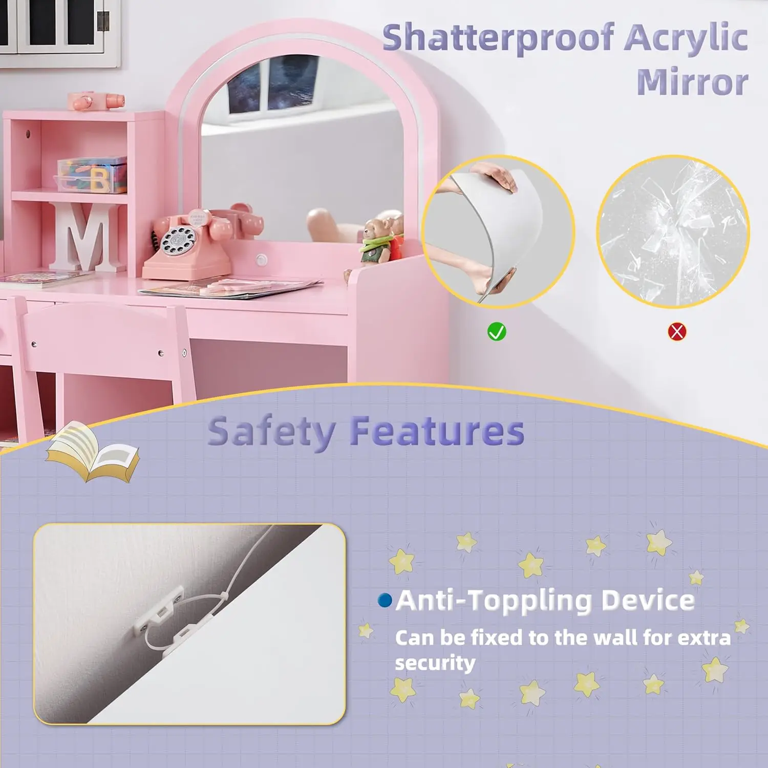 서랍, 선반 및 조명 거울이 있는 어린이 화장대 세트, 여아용 2-in-1 화장대(핑크)