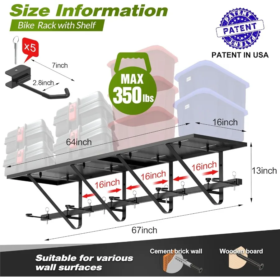 Stojak na rowery z półką, uchwyt ścienny na rowery, stojak do garażu, wieszak na rowery, haczyki do przechowywania rowerów, haczyki rowerowe do garażu, organizacja garażu