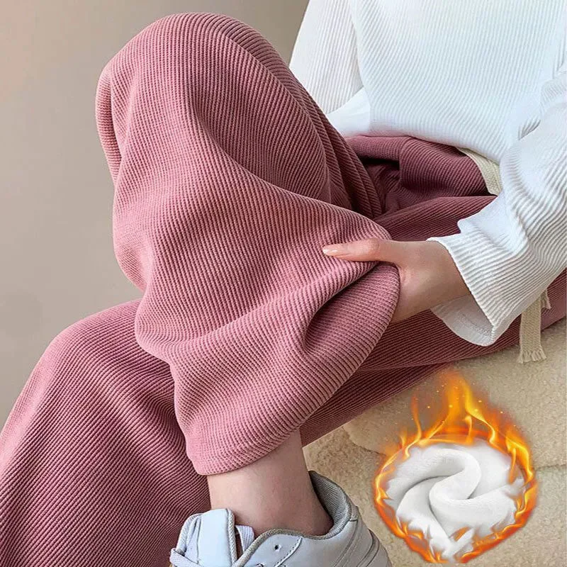 Korean Loose Thicken Warm Pants for Women Autumn Winter Casual Fleece Corduroy Trousers Female High Waist Velvet Wide Leg Pants