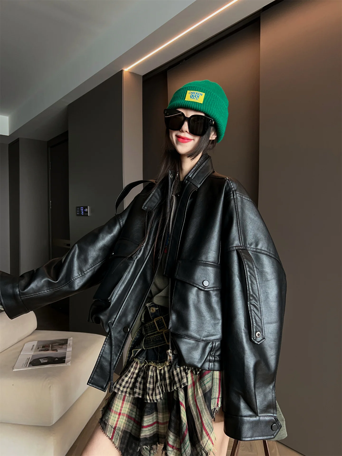 Modieus of dun leer gemaakt jack voor dames herfst winter losse veelzijdige kleine maat top MRS AO casual sle-rits...