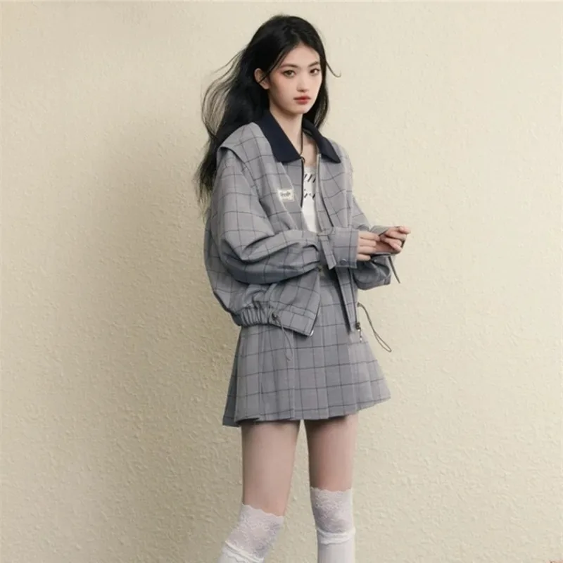 

Retro Academy Coat Skirt Suit Women Checkered Short Top Waist Pleated Skirts Casual Campus Sports Autumn Female Two Piece Set