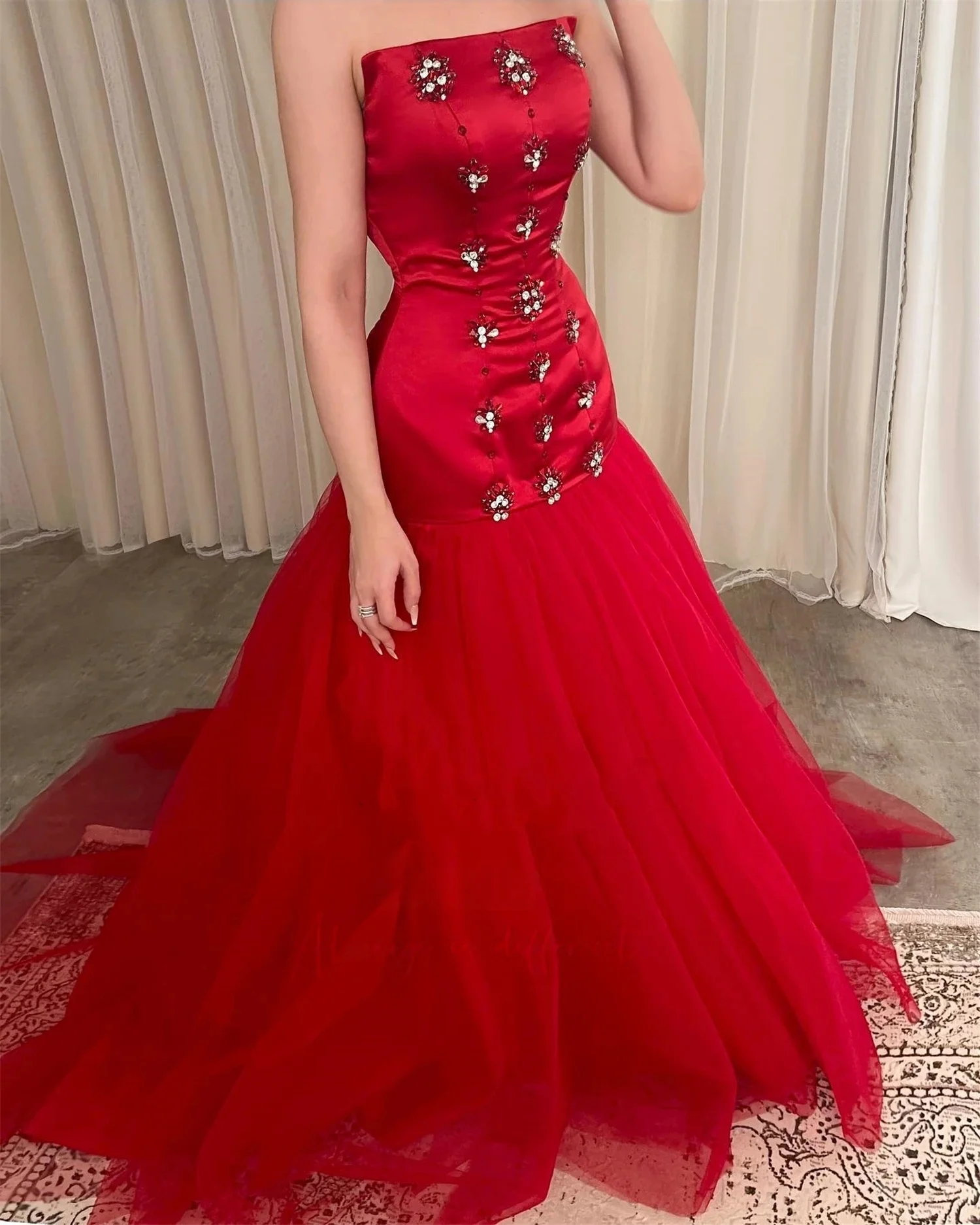 

Red Strapless Beaded Long Bespoke Occasion Gown Evening Dresses Pastrol Unisex Jersey Retro Dubai Saudi Arabic Prom Customized