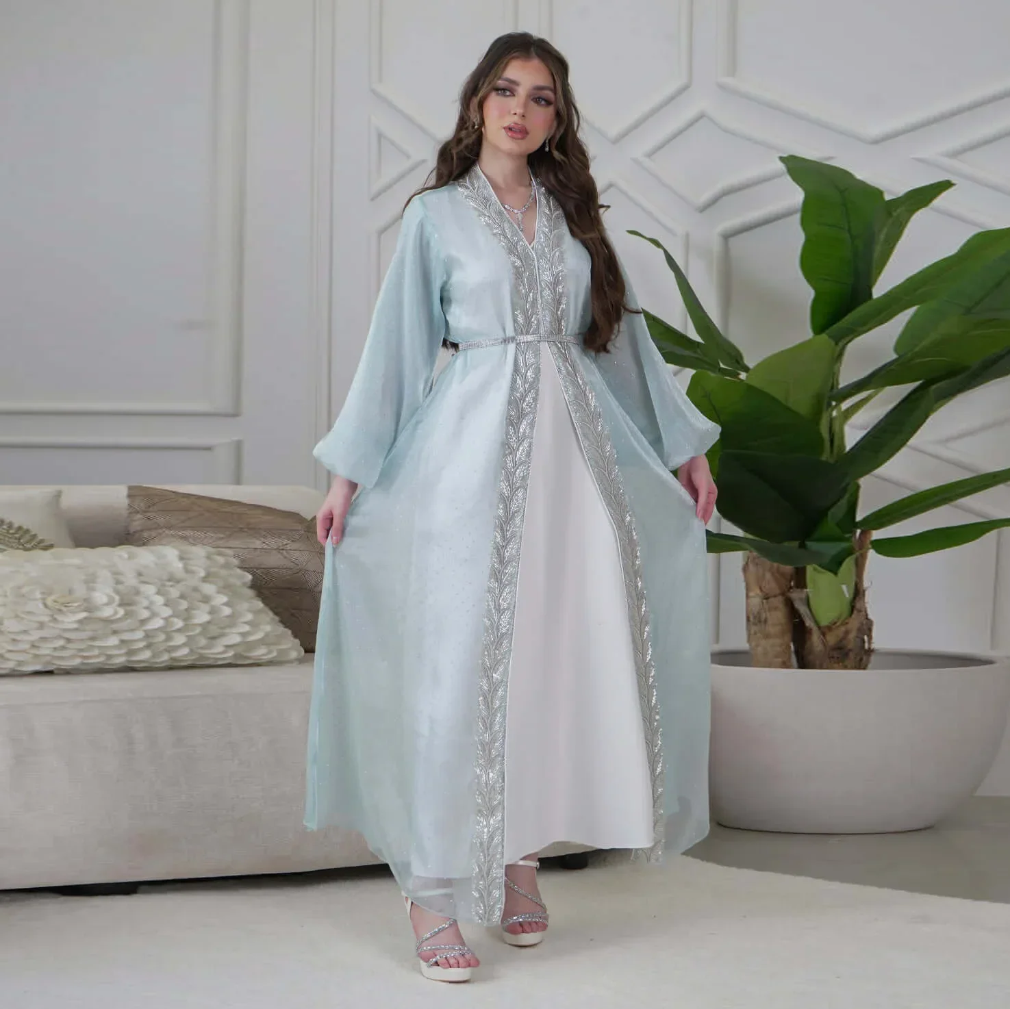 Neue muslimische Sets für Frauen Maxikleid Kimono Jalabiya 2-teiliges Dubai Abaya Kaftan Türkei Satin Diamanten Abendkleid Kebaya Abayas